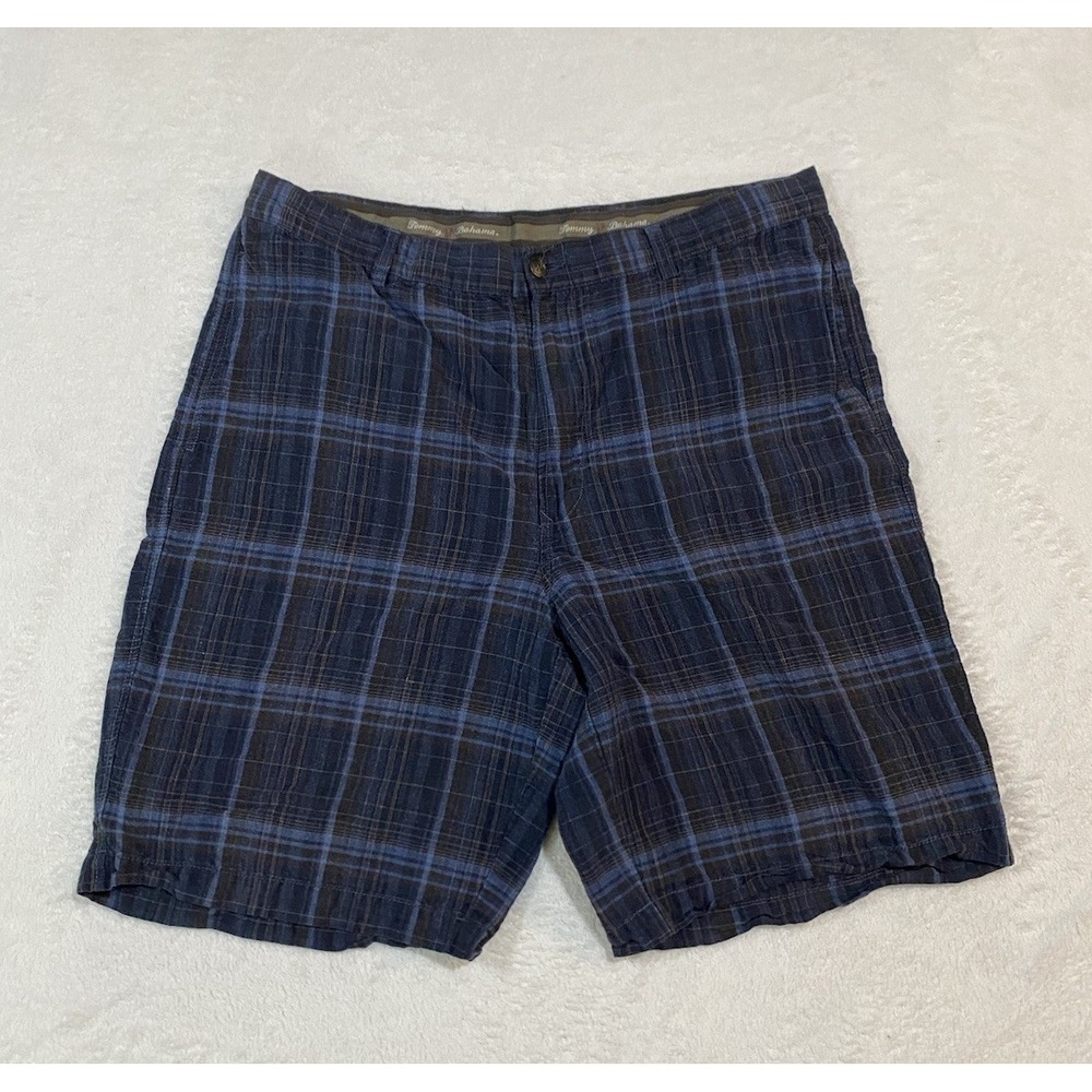 Tommy Bahama Shorts Men's 38 Blue Multicolor Plaid 72% Linen 28% Silk  Blend